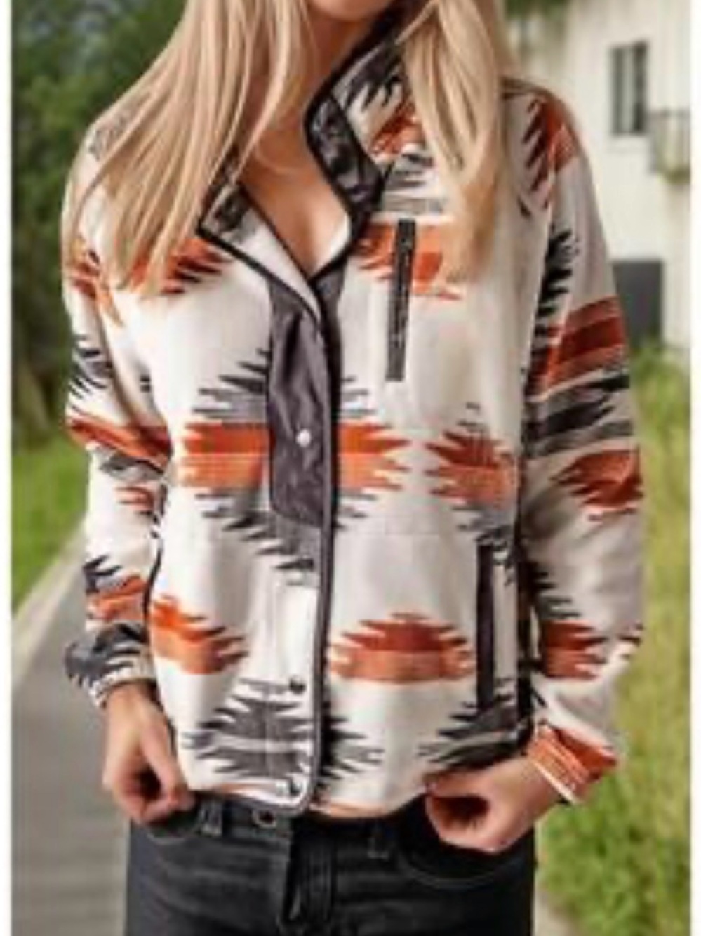 Geometric Pattern Fleece Jacket in Cream, Rust & Charcoal